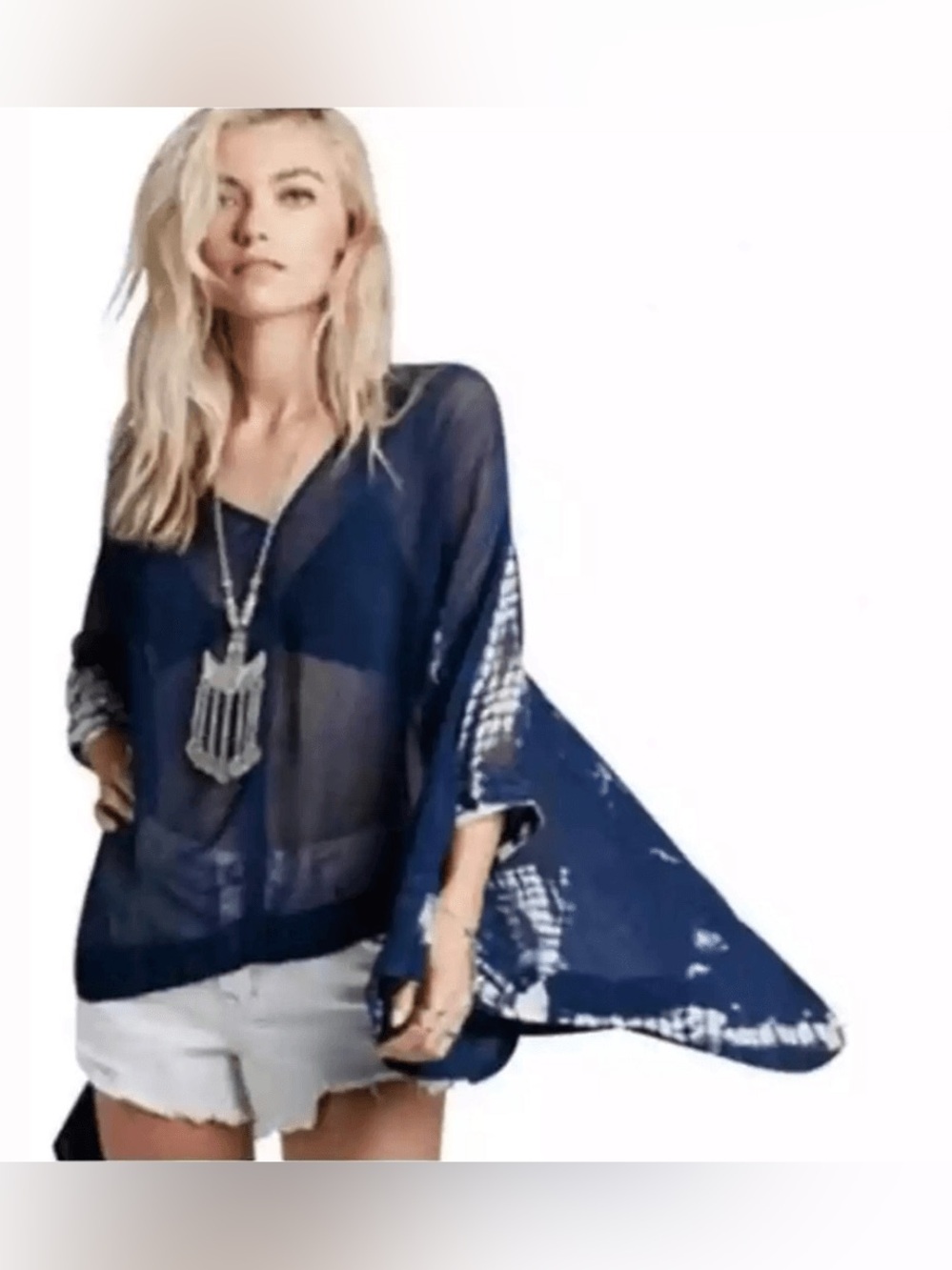 Free People Sheer Tie Dye Poncho Tunic Top Navy Indigo Blue XS Oversized Flowy